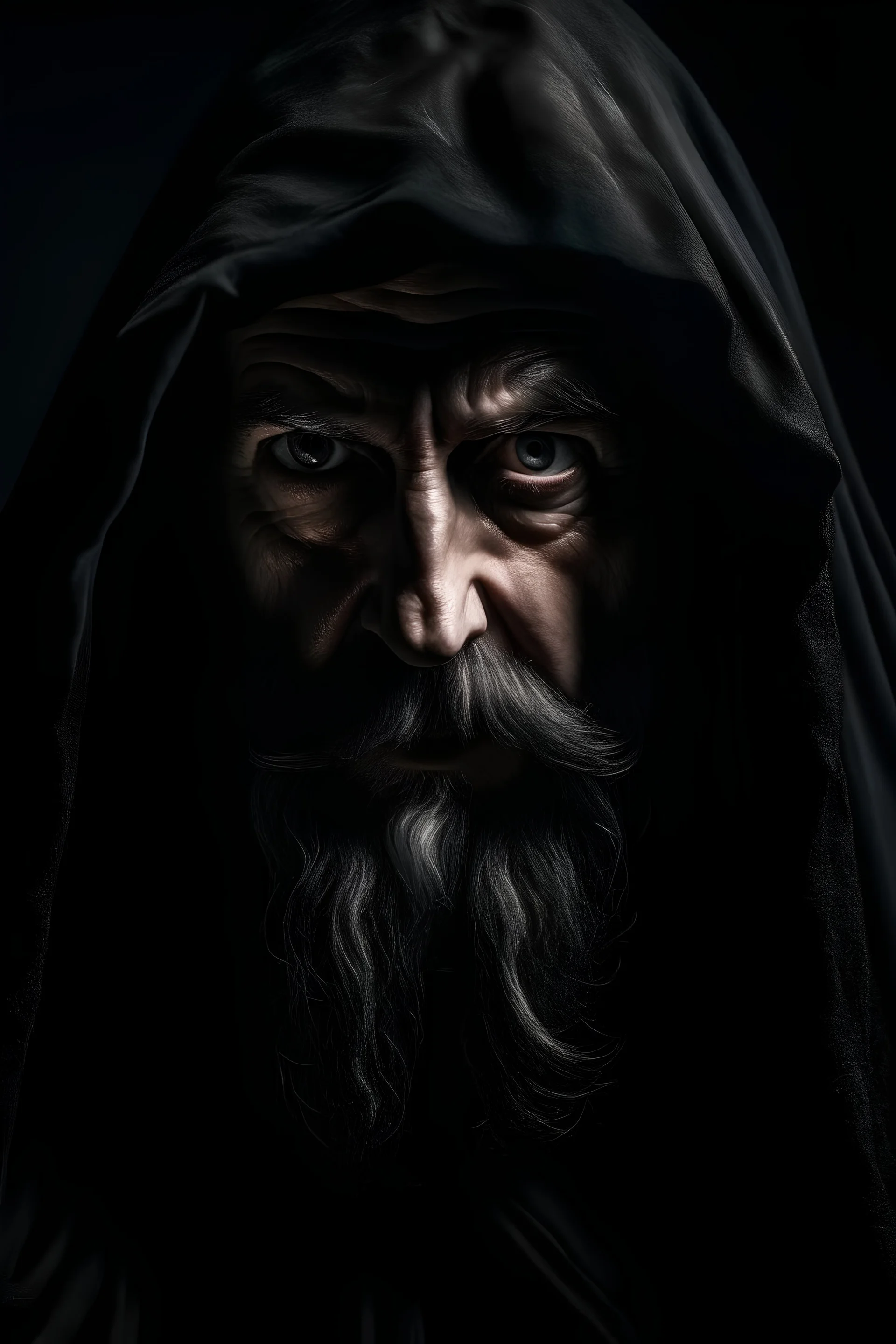 A creepy wizard, with the face covered by a black cloak