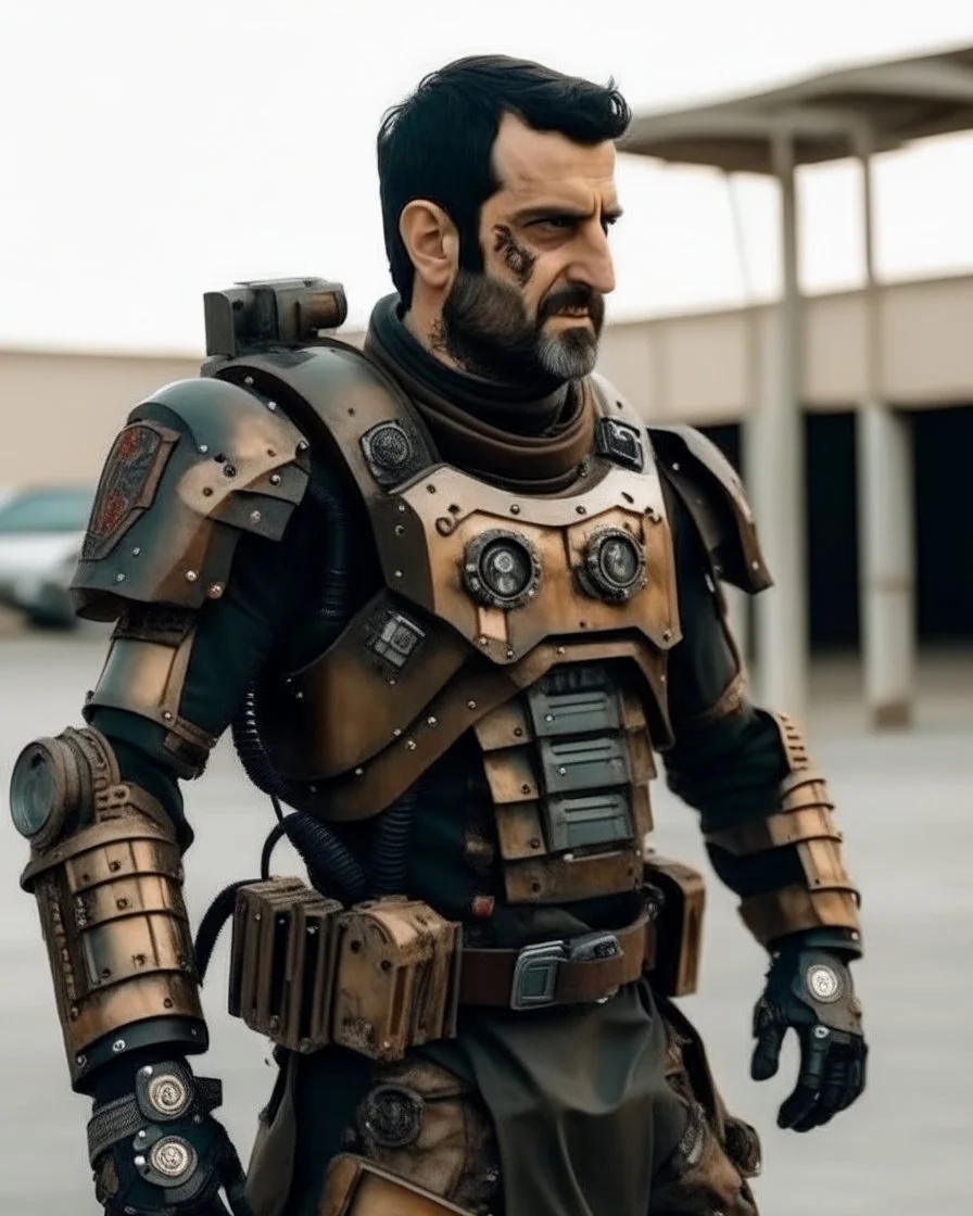 A brave iranian warrior with leather and metal combat clothes robotic metal with the left