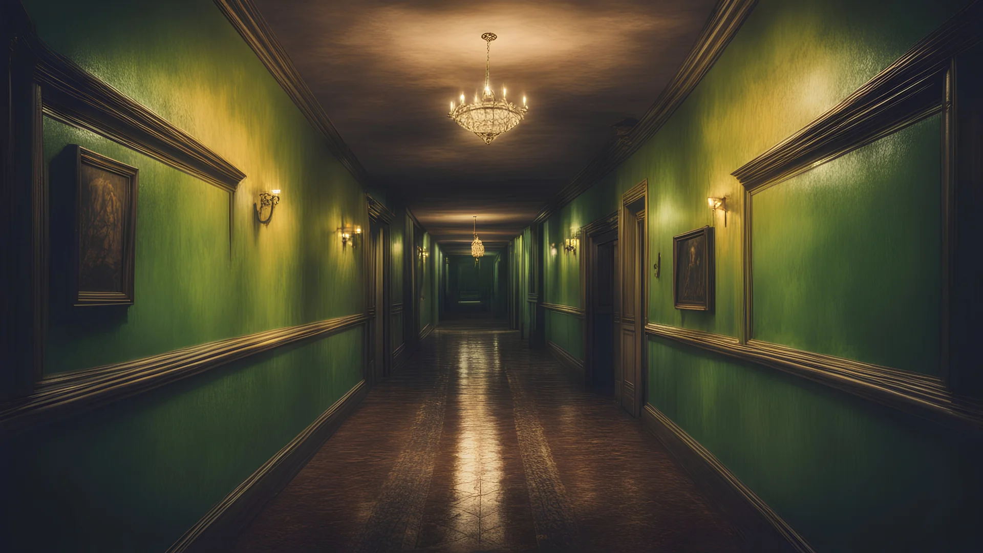 (Masterpiece) hotel corridor, horror atmosphere, dark place, old hotel style, without peoples, green dingy and old yellow color, bad illumination, drawing art syle