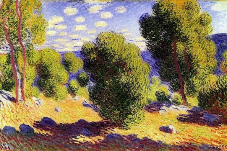 Sunny day with rocks and trees, claude monet impressionism painting