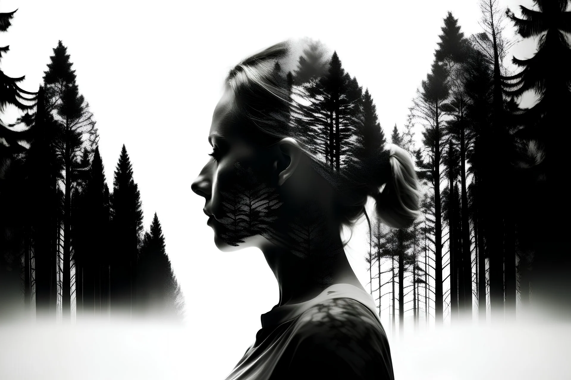 Silhouette of a Nordic queen filled with a forest , double exposure, crisp lines, monochrome background