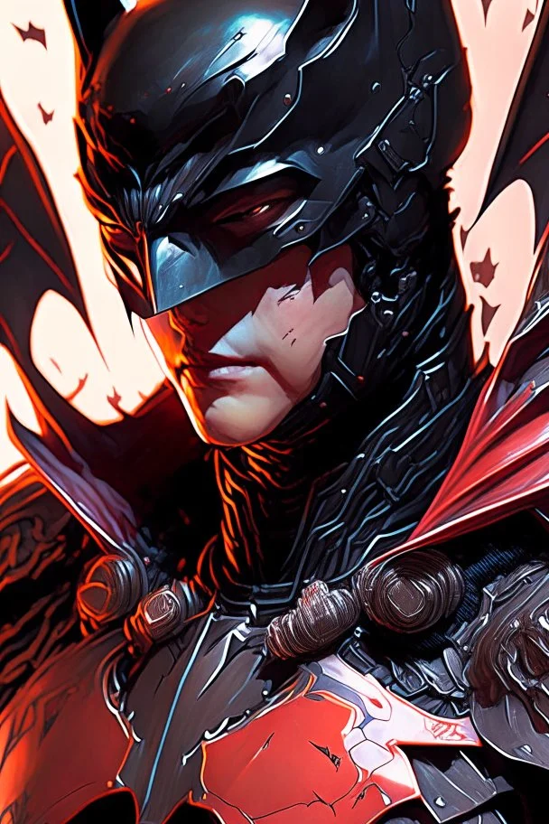 a close up of a person wearing a batman costume, batman mecha, black and reddish color armor, masayoshi suto and artgerm, heise-lian yan fang, by Ross Tran, cyberpunk batman, artgerm and ben lo and mucha, ross tran and bayard wu, ornate gothic armor, by Ye Xin