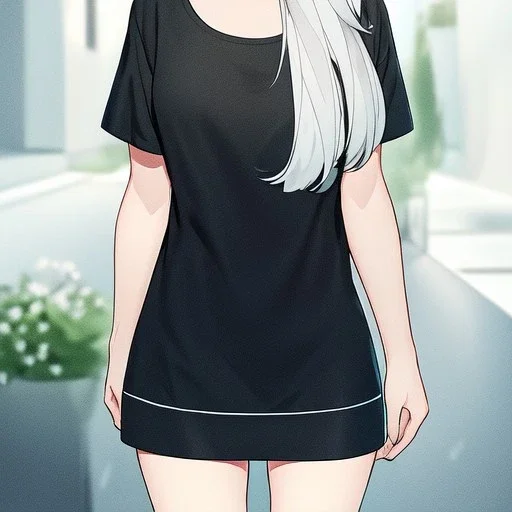 Clear focus, High resolution, light grey short hair, dark green eyes, wearing a black t-shirt and blue skirt, fluffy hair, detailed outfit