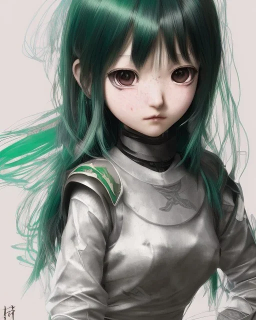 Detailed anime child girl, green hair, black and green dragon scale armour, intricate details, full body portrait, keep head in frame, slight smile, black Japanese motif, concept art, highly detailed, digital painting, concept art, sharp focus, illustration, art by Yoji Shinkawa, WLOP and greg rutkowski and alphonse mucha and artgerm and yanjun Chen and Junji ito and Makoto Shinkai, HDR, octane render