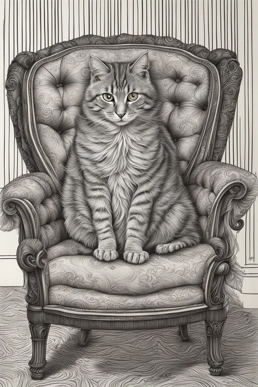 drawing, nice cat in chair, extrem detailed, sharp contour, stunning