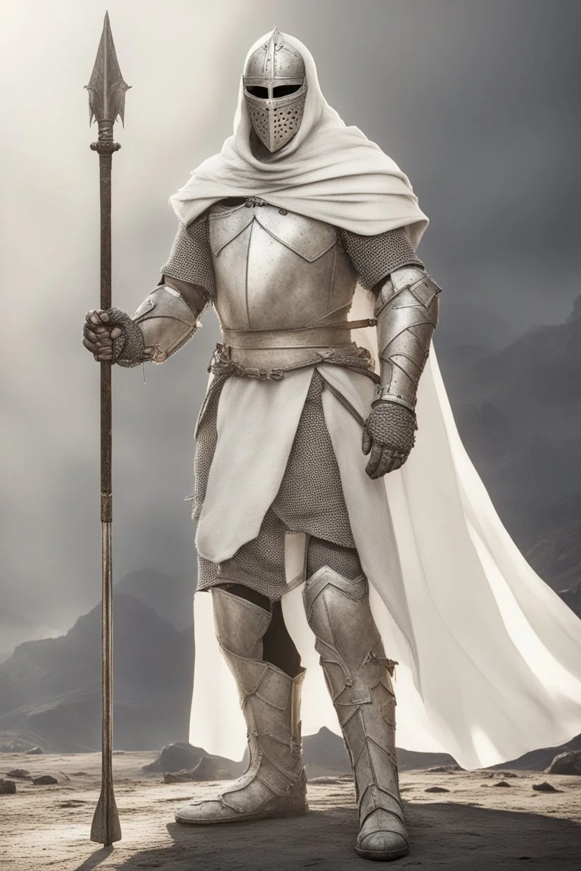 Knight wearing white chainmail armor and white cape with white face mask, holding a spear
