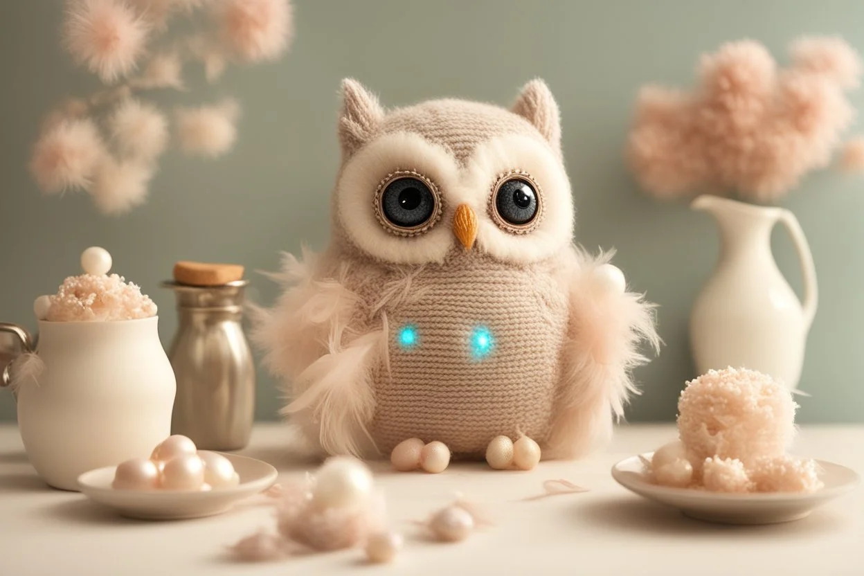 cute chibi plushy fluffy knitted and embroidered natural colored owl with cake in a kitchen, feathers, iridescent flowers incorporated, light emitting, bioluminescent holographic room, silver foil, sparkling diamonds, holographic raw pearls, ethereal, cinematic postprocessing