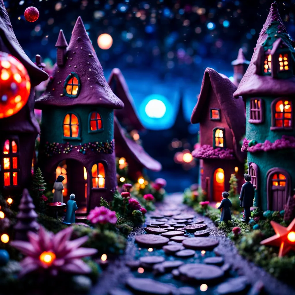 Detailed people, creepy street made of modeling clay, village, stars, galaxy and planets, sun, volumetric light flowers, naïve, Tim Burton, strong texture, extreme detail, Max Ernst, decal, rich moody colors, sparkles, Harry Potter, bokeh, odd