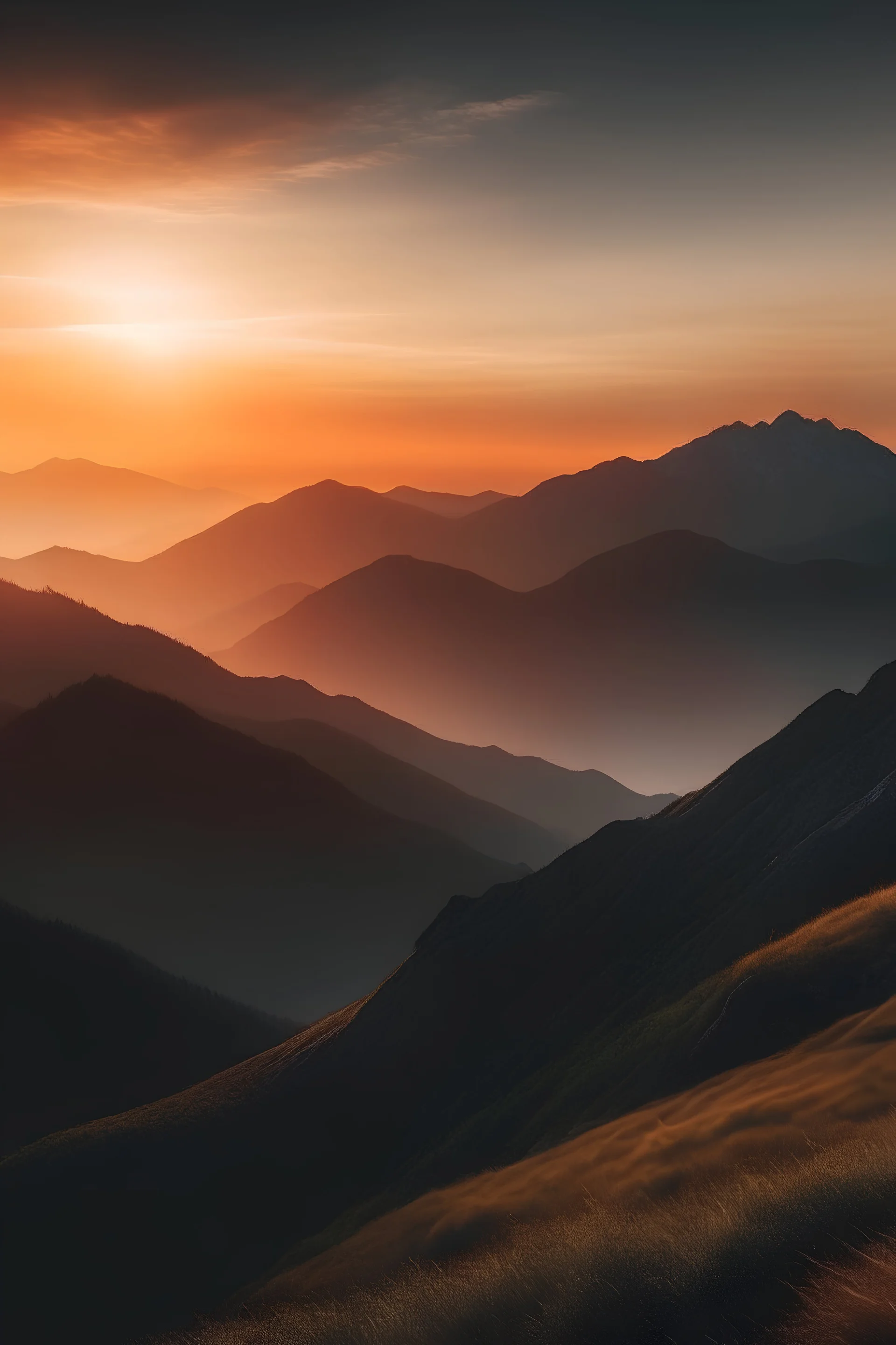 mountain range with sunset.