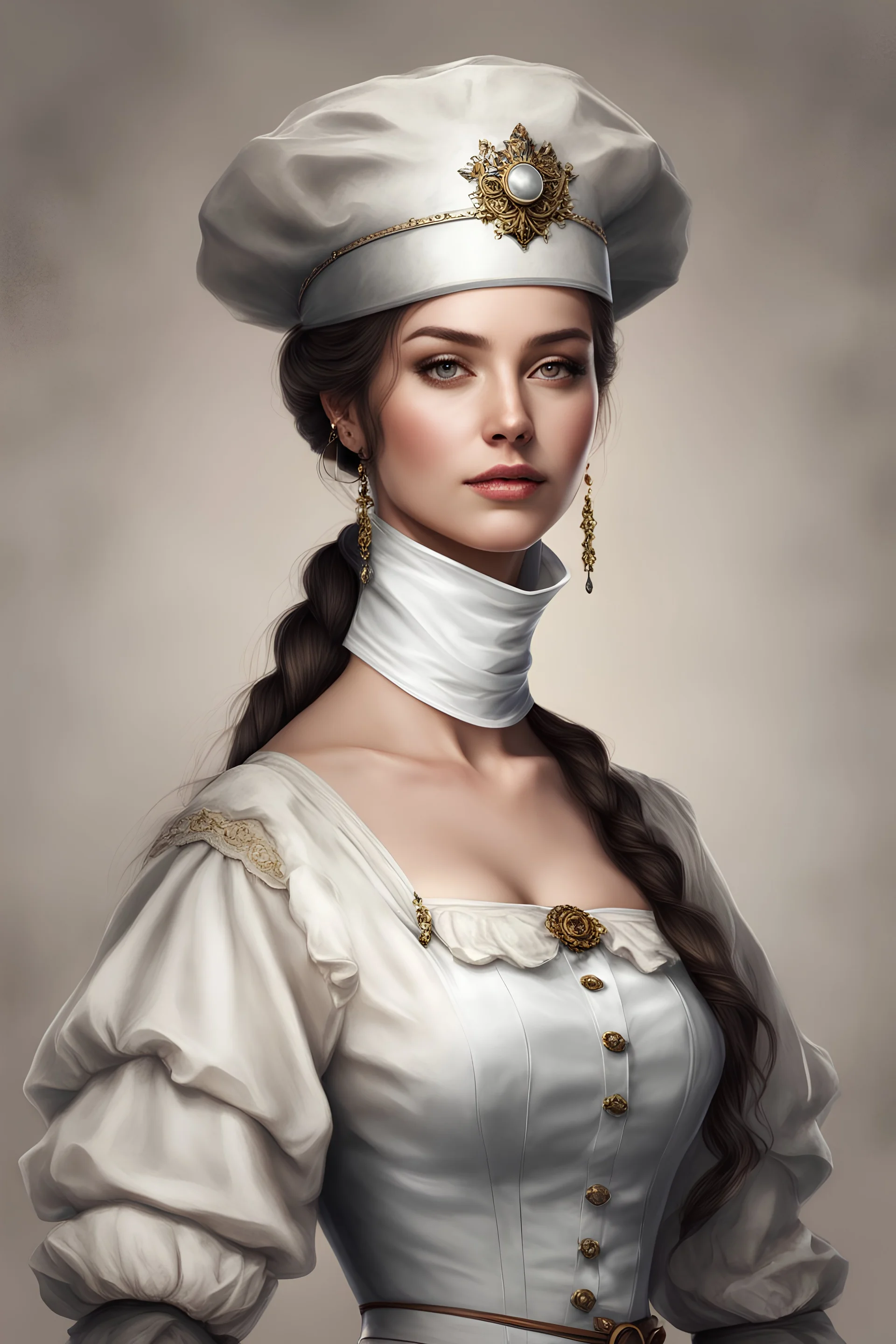 portrait of a woman, realistic style, beauty, concept art, true anatomy, clothing accessories, medieval era, nurse, emotion, hat
