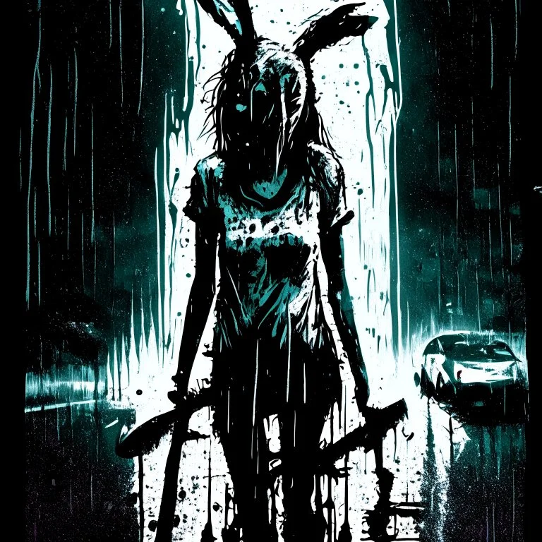 stylish digital ink illustration, databending, disheveled soaking wet woman in bunny costume with limp ears in middle of the road illuminated by headlights, dragging an ax, Dramatic, heavy rain, creepy, complex contrast, dynamic composition, scary, horror movie