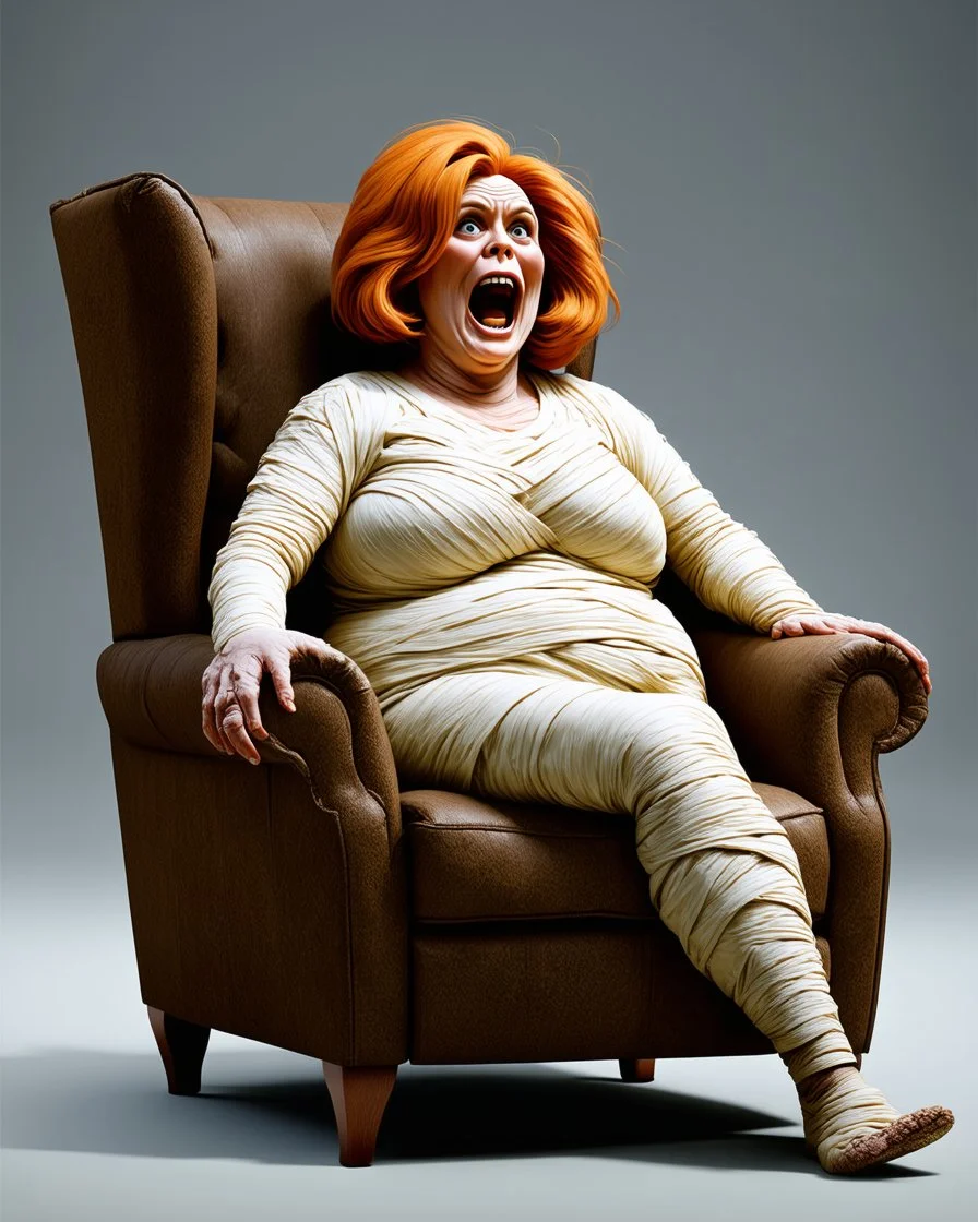 a chubby decrepit realistic mummy, orange hair, leaned over in a brown chair, mouth open