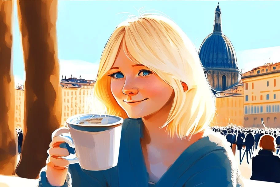 contented cute blonde blue eyed chibi woman drinking coffee in Rome in sunshine