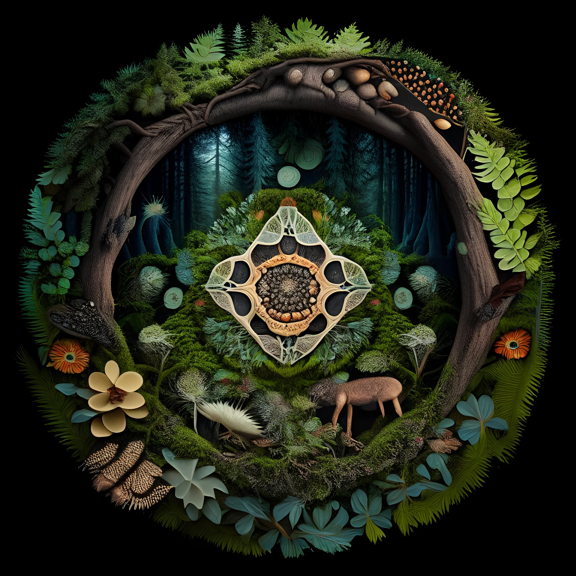 realistic image like a photo of mandala with forest, muschrooms, roots, trees, ferns, animals