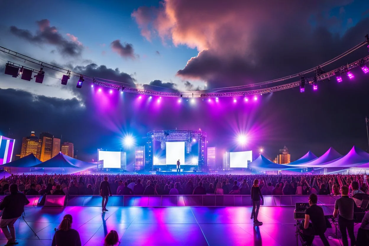 a big open disko stage in modern city in a very big square , at distance,blue sky pretty clouds ,night .