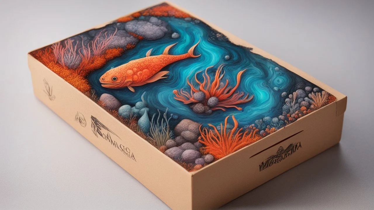 creatures, plants from subanautica from deep sea, drawn on the box, beautiful, river of magma with a beautiful colours, minerals