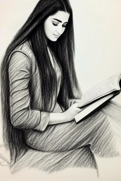 Pencil sketch of Young woman, Arab features,sad, long wavy hair, reading a book, full body، on lined paper