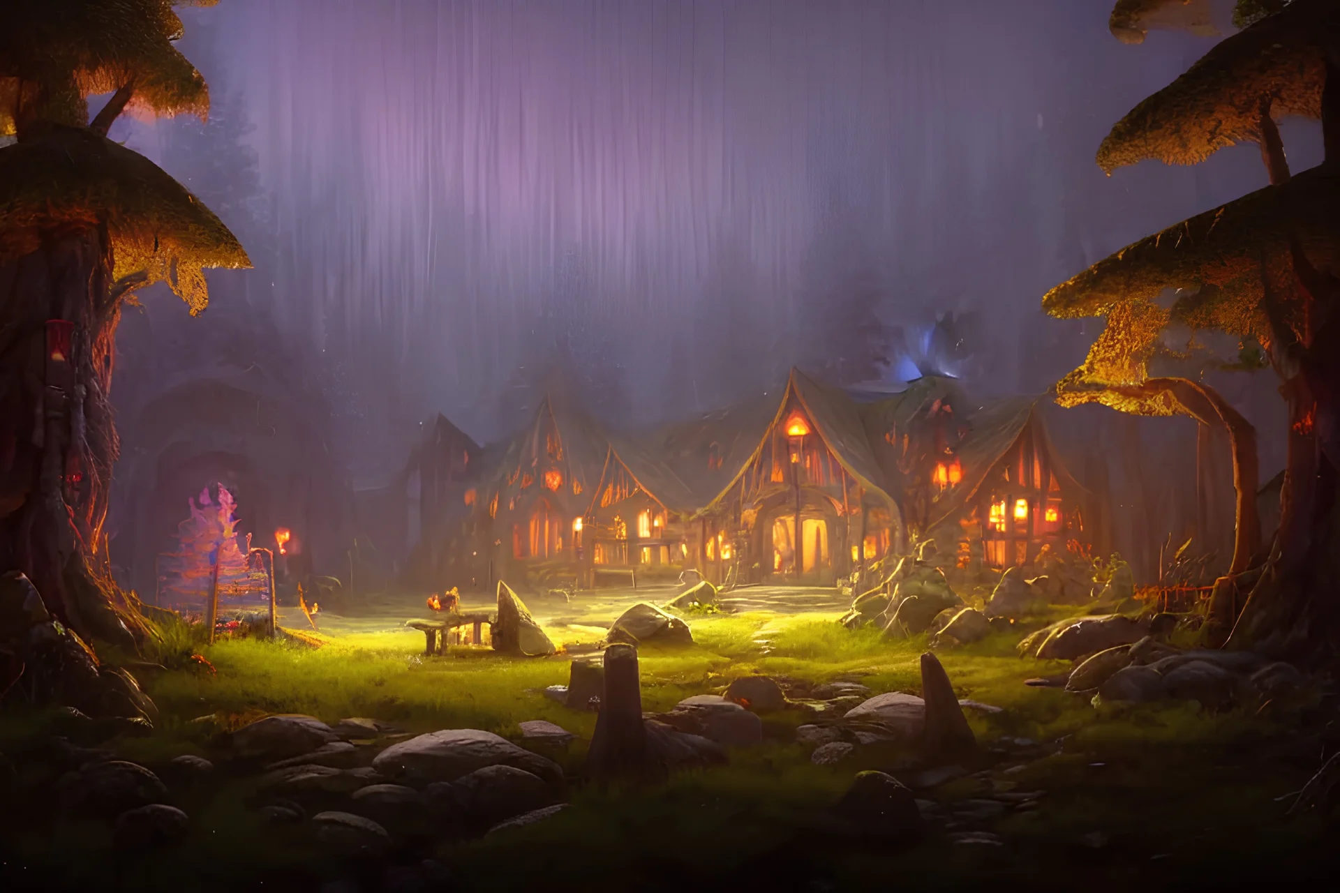 A landscape with a large fantasy tavern with multiple stories in the middle of a forgotten magical forest, magical particles, warm lighting, inviting, enchanting, rendered by simon stålenhag, rendered by Beeple, Makoto Shinkai, syd meade, environment concept, digital art, unreal engine, 3 point perspective, WLOP, trending on artstation, low level, 4K UHD image, octane render,