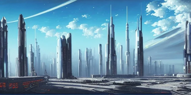 Spaceport on a heavy industrialized planet with futuristic high rise buildings with glass facades in the background and spaceship tacking off in the foreground, art by John Berkey, brutalist architecture, insanely detailed, vibrant, 8k uhd, blue sky with clouds, cinematic atmosphere, ultra-wide angle, street level view, brush strokes, sharp focus