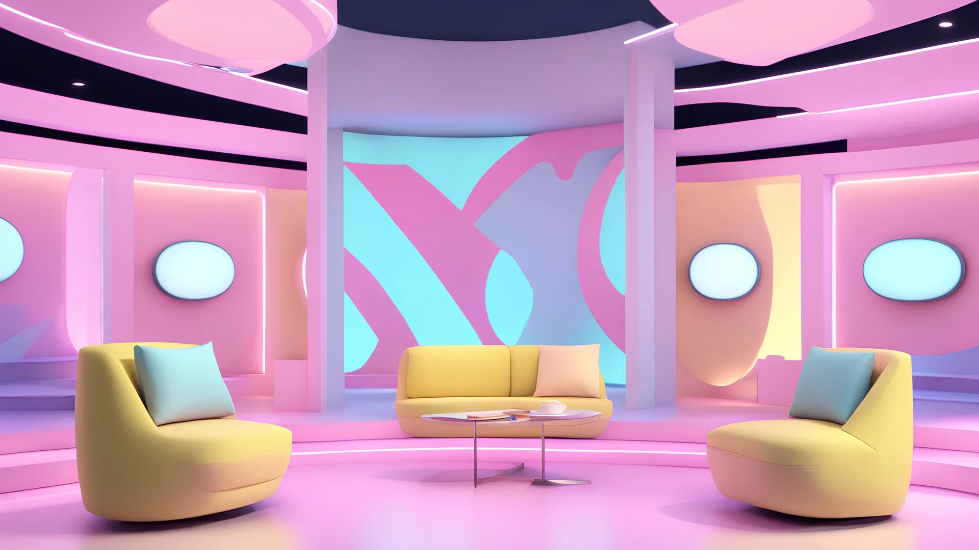 A stunning 3D representation of a contemporary Memphis-style television talk show set, with a young and vibrant atmosphere, is marked by its familiarity with digital technology, with several television screens distributed throughout the set. The set features a beautiful mix of light shades of pastel blue, pink and yellow, violet and pink, creating a modern color palette. The set consists of three distinct areas: a left-hand side with 10 chairs for the invited audience, a central multipurpose set