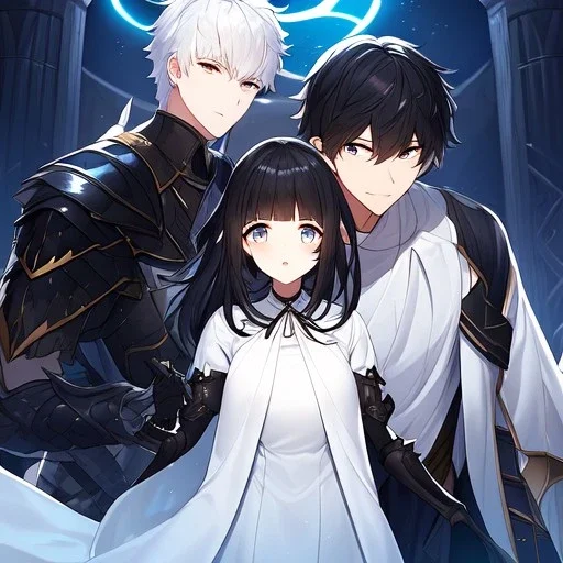 Girl with white hair wearing white robes. Boy with black hair wearing leather armor