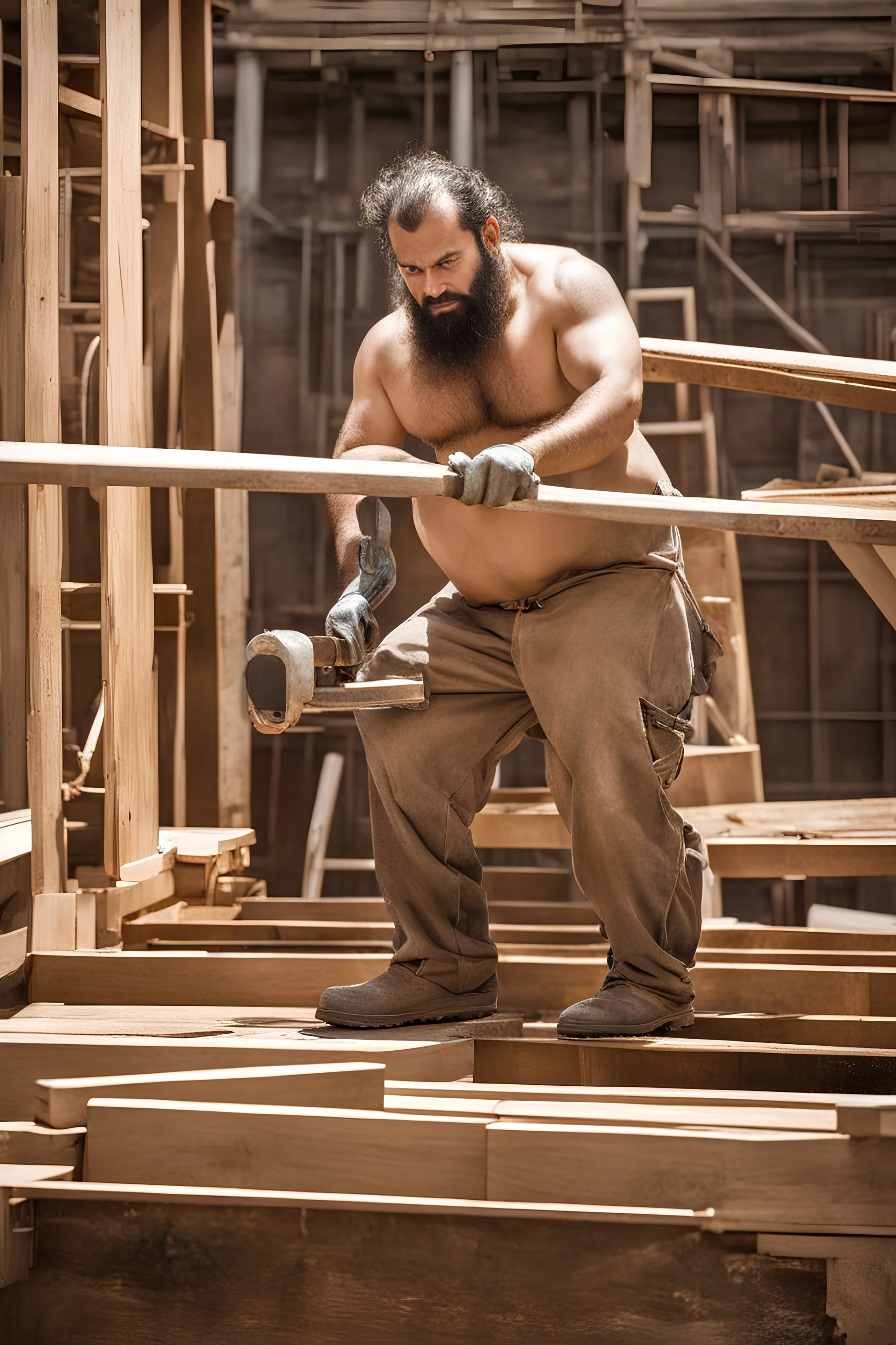 half figure shot photography of an ugly 40 year old stocky big chubby robust burly arab carpenter working on the roof, dirty, wet, tattoo,wearing bulging overalls, shirtless, hairy chest, serious, very virile, long beard, curly hair,, , in a sunny construction work area, photorealistic , photorealistic