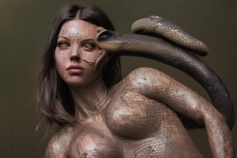 A Reptilian Female with large snake eyes, tattooed scaled skin, full body, 16k resolution concept art portrait by Greg Rutkowski, ArtGerm, WLOP, Alphonse Mucha dynamic lighting hyperdetailed intricately detailed Splash art trending on ArtStation Unreal Engine 5 volumetric lighting, H R Giger, Boris Vallejo, triadic colors