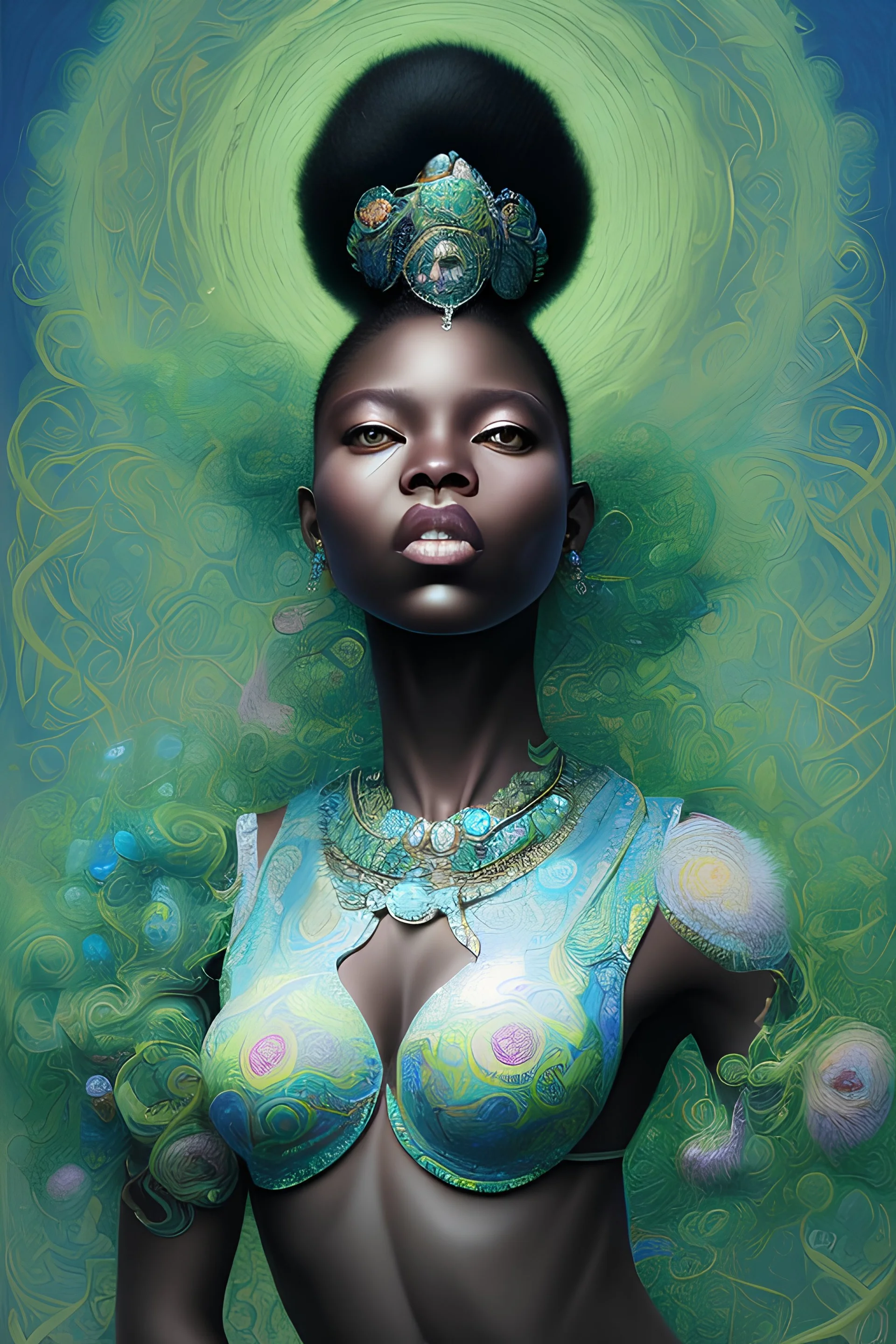 contemporary portrait of a young black woman, detailed feminine face, swirling fluid smokey enigma, banshee, drawn in the style of Kehinde Wiley, award-winning artwork