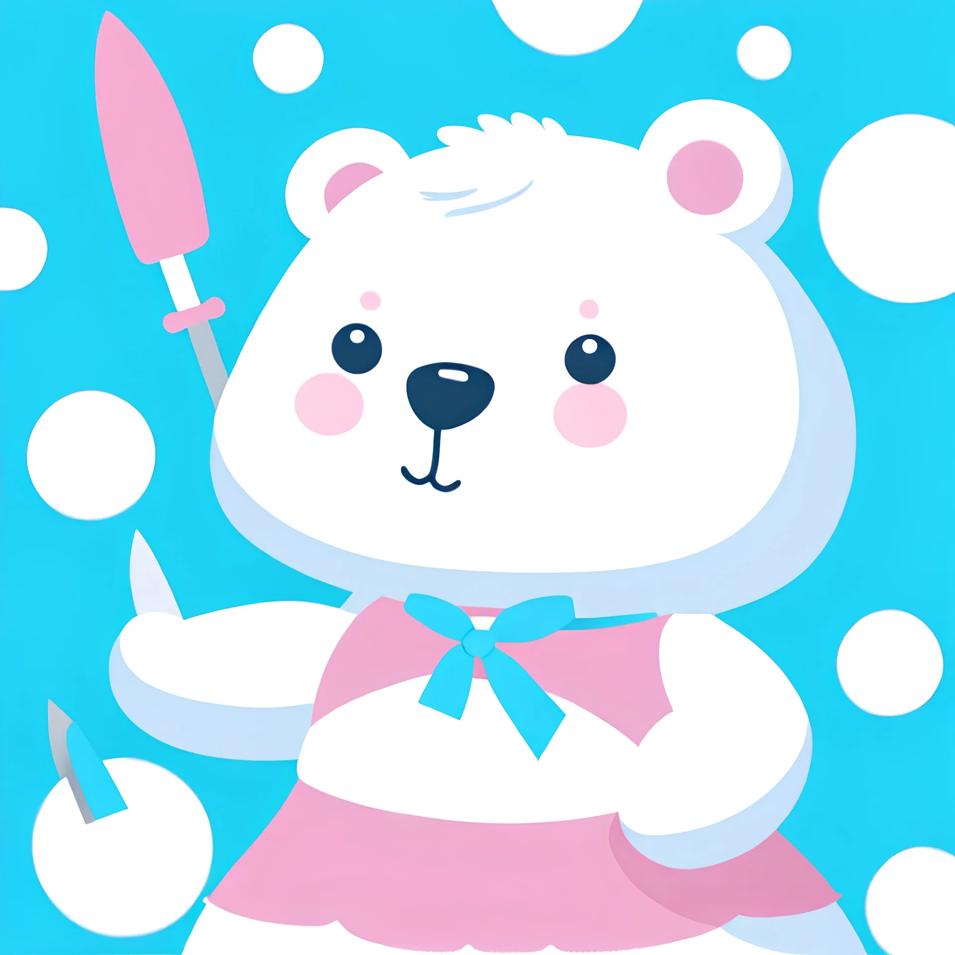 a white bear with rosy cheeks, a pink bow behind its head and wearing a cyan blue dress with two white circles, holding a kitchen knife