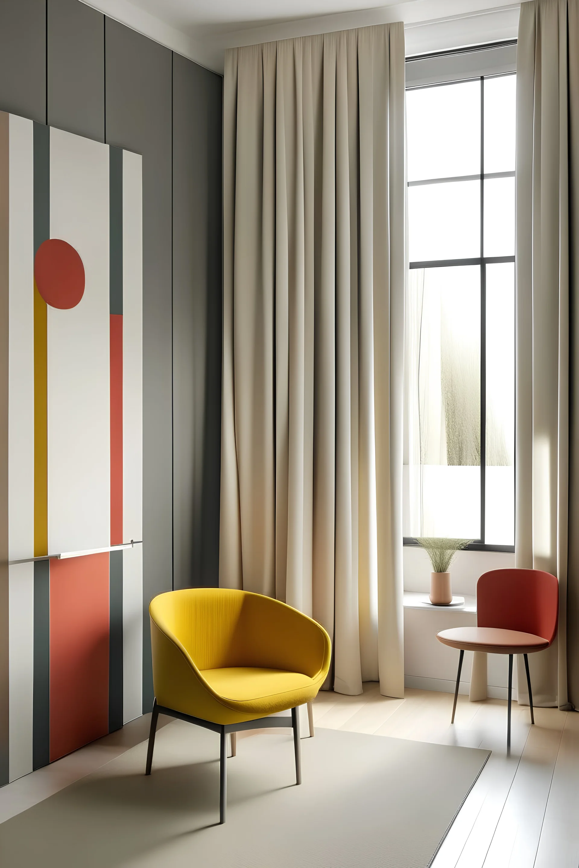 Design of textile furnishings with calm, simple colors and few decorations inspired by the Bauhaus school