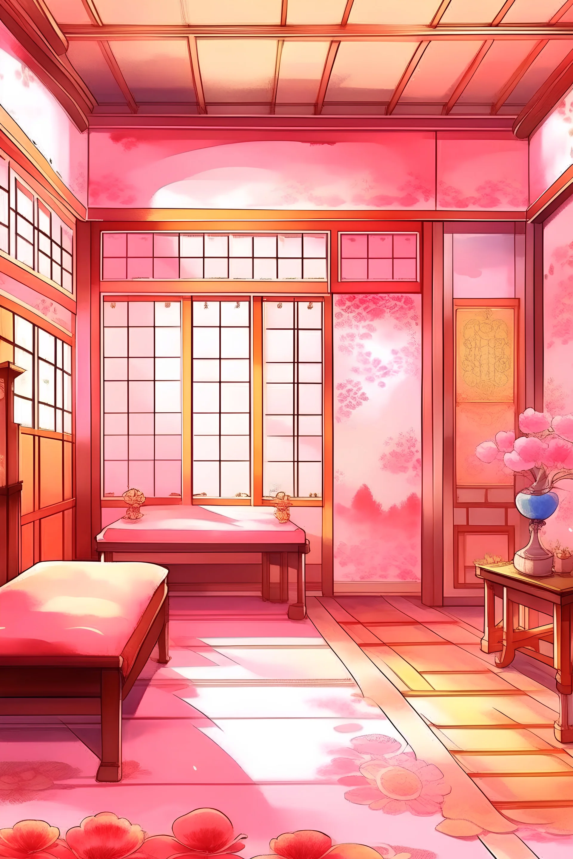 chinese room, pink, watercolor, 16:9, vtuber