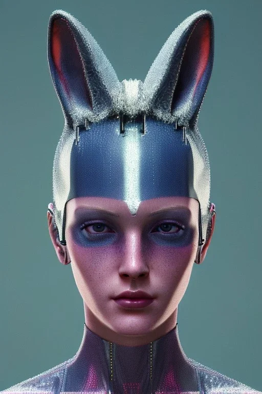 Medium Close Up Portrait, Front image. cyberpunk, rabbit mask, sweet woman, short hair. latex suit. Pink, silver, blue, color. Dior style. Color background, photo studio. highly detailed, concept art, smooth, unreal engine 5, ray tracing, RTX, lumen lighting, ultra detail, volumetric lighting, 3d, finely drawn, high definition, high resolution.