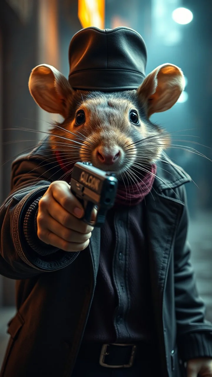 a rat gangster with a hat holding a gun toward you , realistic , pro photography , high quality, and cinematic scene