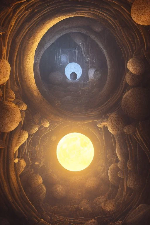 abstract, Moon like lamp in a dwarven mine underground, dungeon
