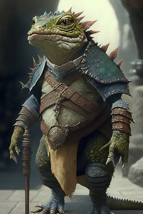 A lizardfolk with the stature of a dwarf