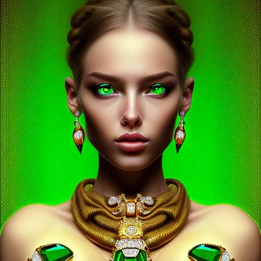 fullbody portrait of beautiful booty young busty atletic amazon woman with big green emerald eyes crying gold with big emeralds necklace by Gustav Klimt 8k