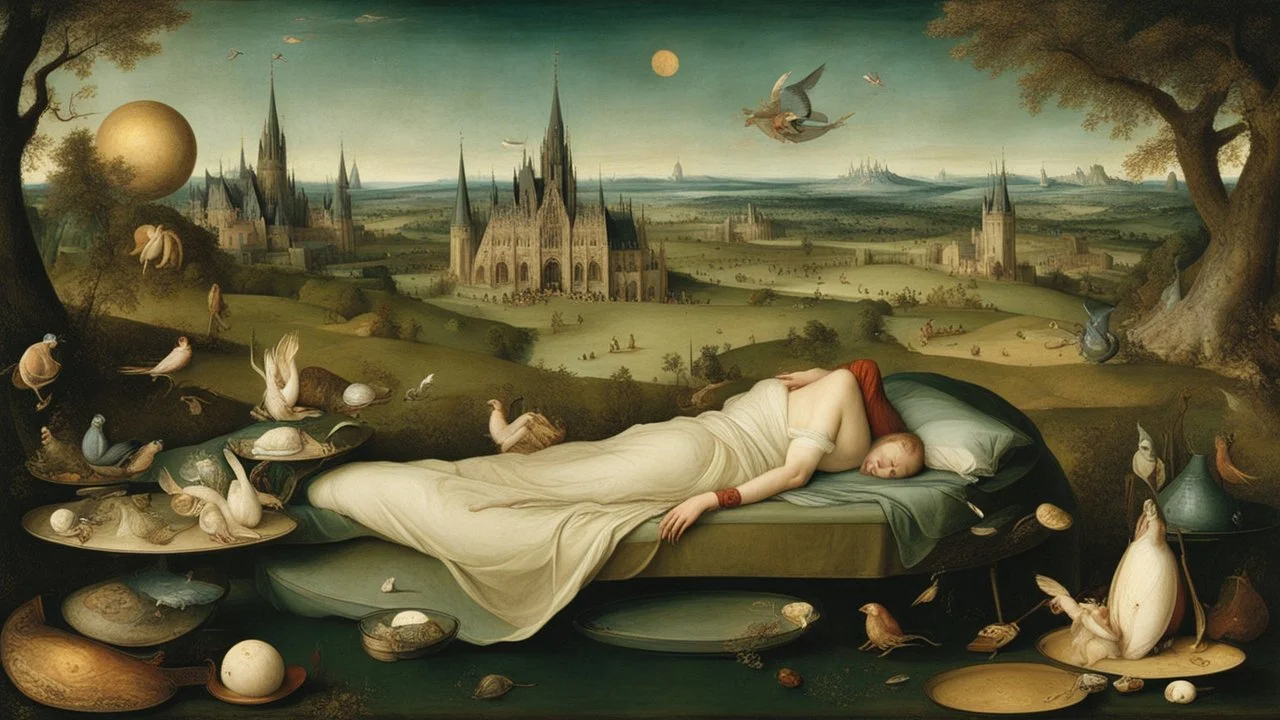 Style Hieronymus Bosch, relaxation, luxury, dream world, calm beauty, fantasy world, magic, beautiful composition, exquisite detail