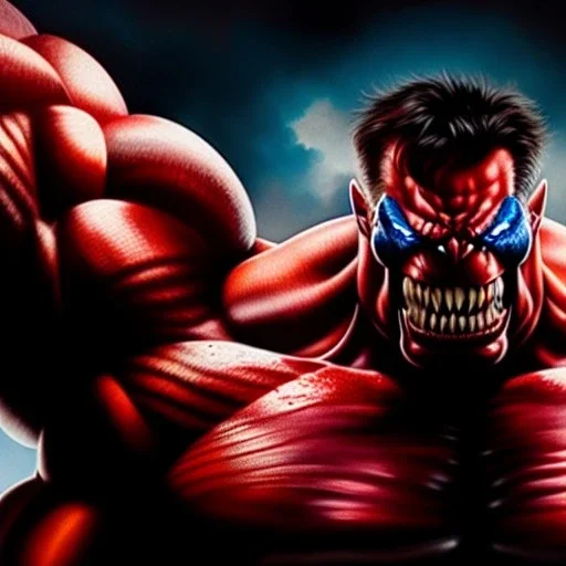 Ultra detailed fullbody Portrait in oil on canvas of Venom merges with REd Hulk with armor,intense stare,extremely detailed digital painting, extremely detailed face,crystal clear Big eyes, mystical colors ,perfectly centered image, perfect composition, rim light, beautiful lighting,masterpiece,8k, stunning scene, raytracing, anatomically correct, in the style of robert e howard and Ken Kelley and Ohrai Noriyoshi and Simon Bisley and tomzj1