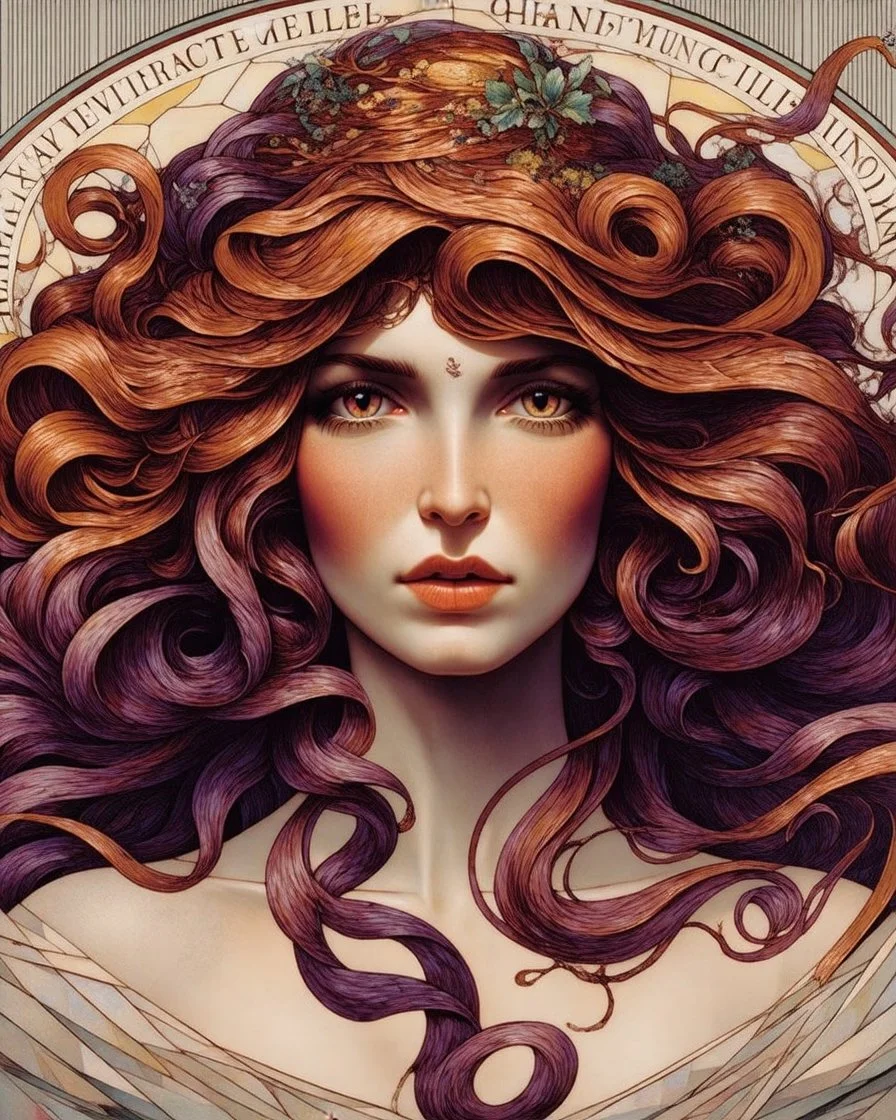 Tile hair, flaming lips, eyes seeking eternity, leader of the witch community, coppery tresses tumbled about her face, tremendous facial anatomy, meaningful beautiful brown eyes, wavy purplish hair, one third rule, trending on top of Art station, by Alphonse Mucha"