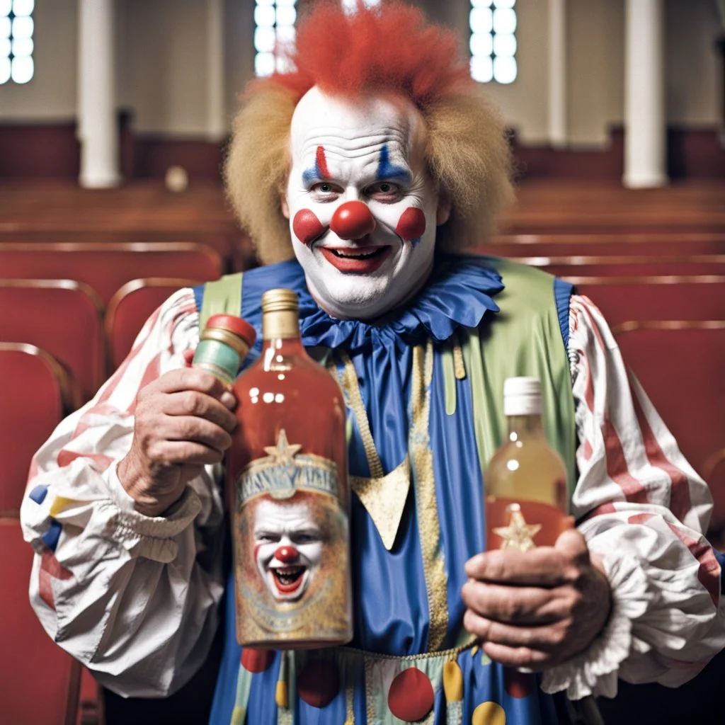 Randy West, A clown that is looking Like the famous actor Randy West holding a bottle inside a church, Randy West is an actor from the 1980, John Wayne Gacy