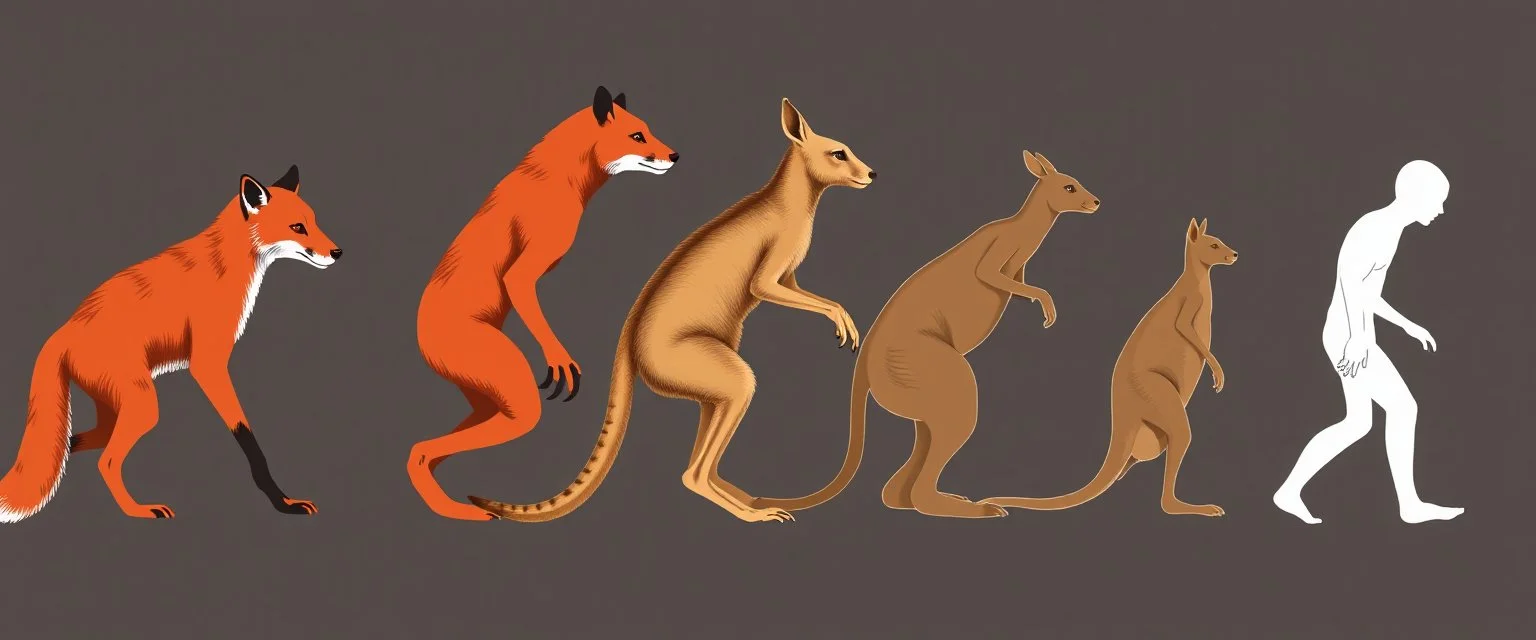 a study of evolution from foxes to kangaroos to humans, stage by stage. 5 stages