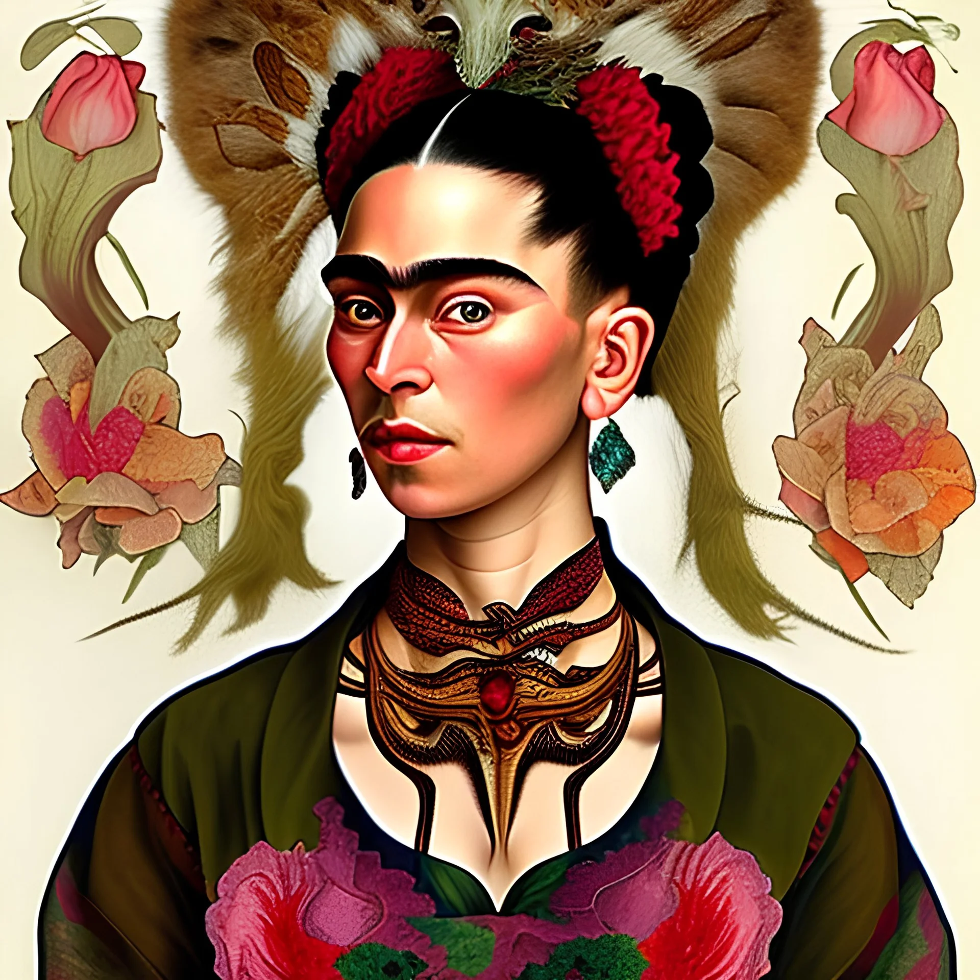 A beautiful portrait of Frida Kahlo by alphonse mucha, japanese tatoos, 4k, high details