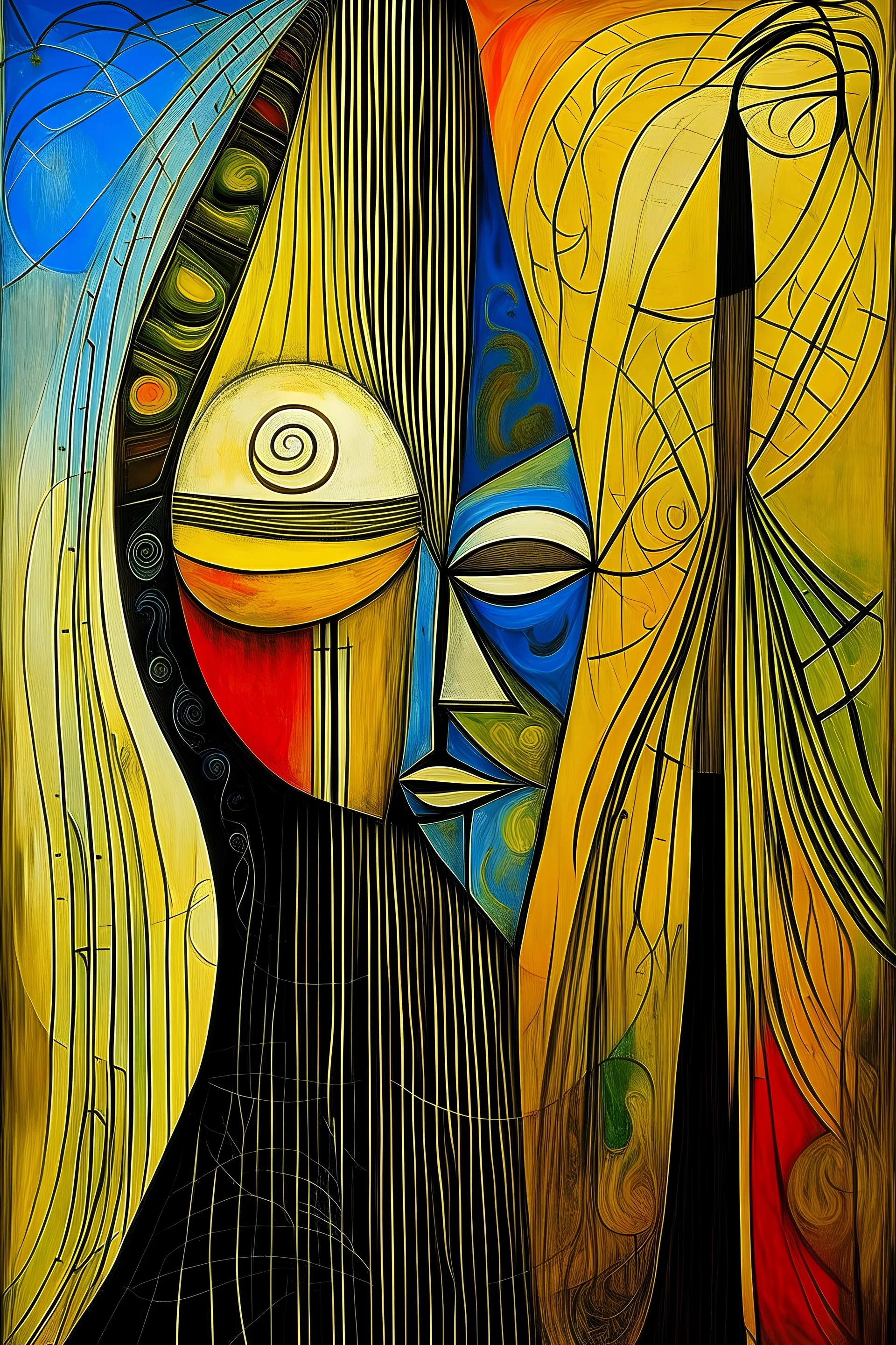 Style by Gabriel Pacheco and Joan Miro and Clive Barker, abstract surreal art, a metaphorical representation of an ephemeral trianglular relationship to rivalry, lunatic grass shine textures, surreal masterpiece, juxtaposition of the uncanny and the banal, sharp focus, weirdcore, never-before-seen