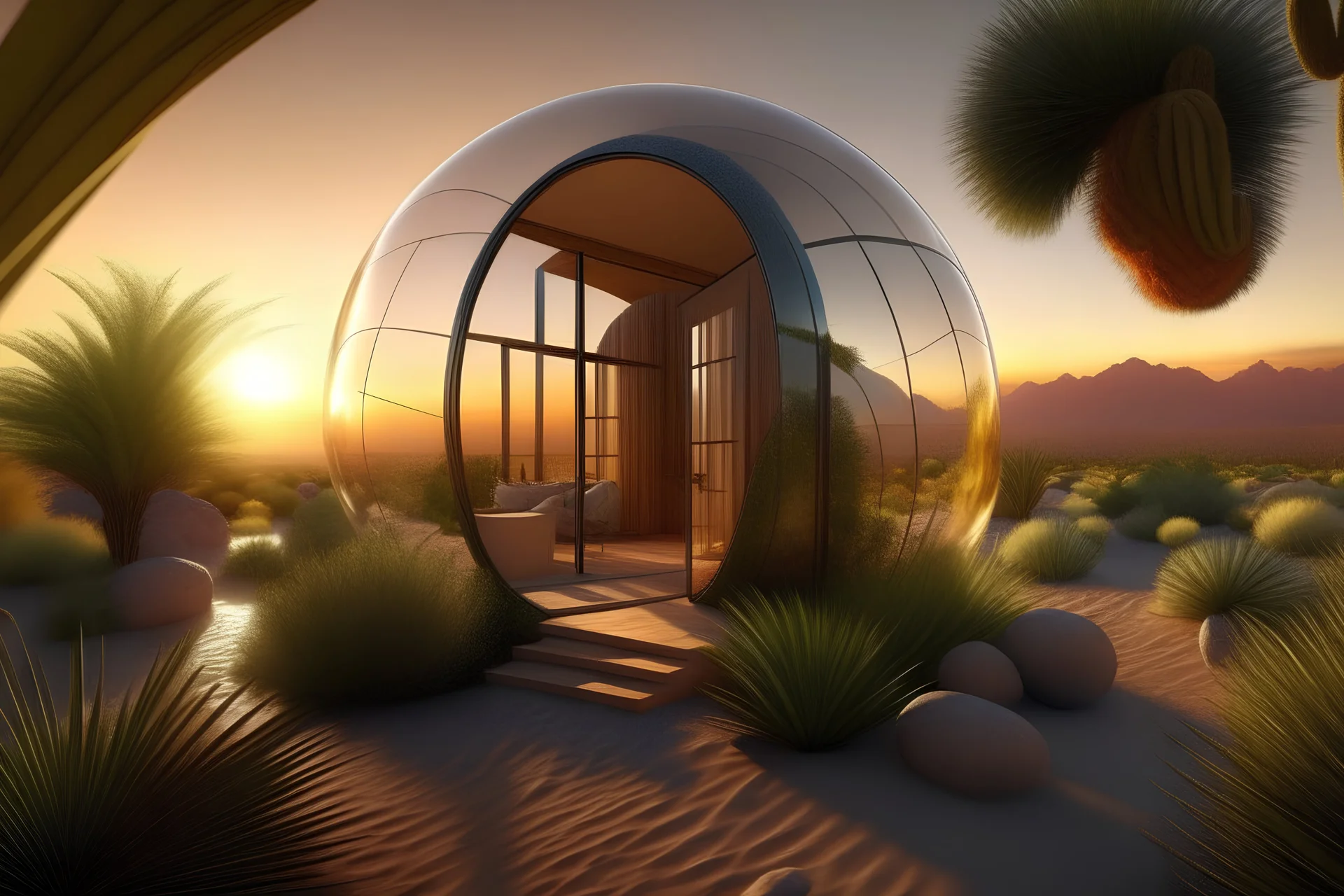 Hyper-realistic 8k photographic scene of a desert landscape, with a house shaped like a glass bubble, with a transparent entrance door and an interior full of plants and flowers, botanical. Sunset light.