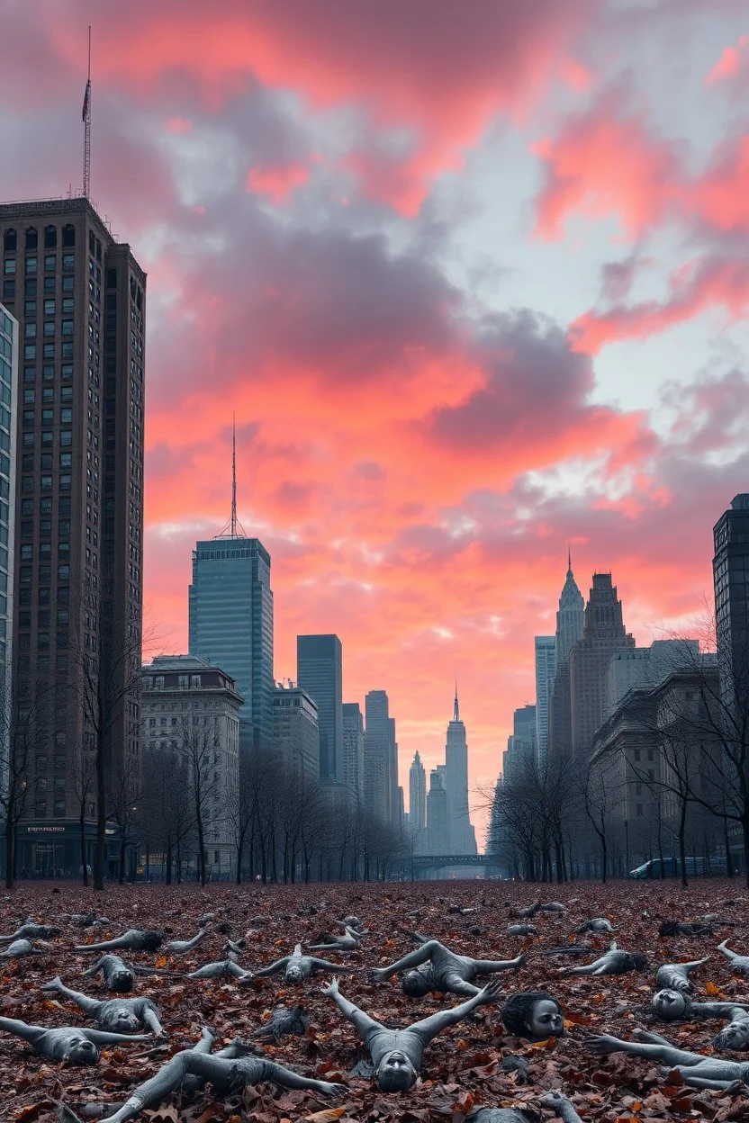 New York city building in a covers with dead leaves and trees big City, red clouds in the sky with huge amount of dead children laying on the ground