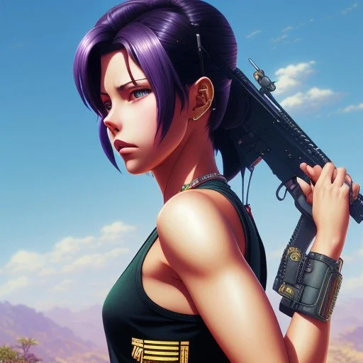 revy black lagoon, purple hair, black tank top, jean shorts, tribal sleeve left arm, portrait shinkai makoto, studio ghibli, studio key, madhouse anime studio, artgerm, lau rossdraws james jean marc simonetti pixiv