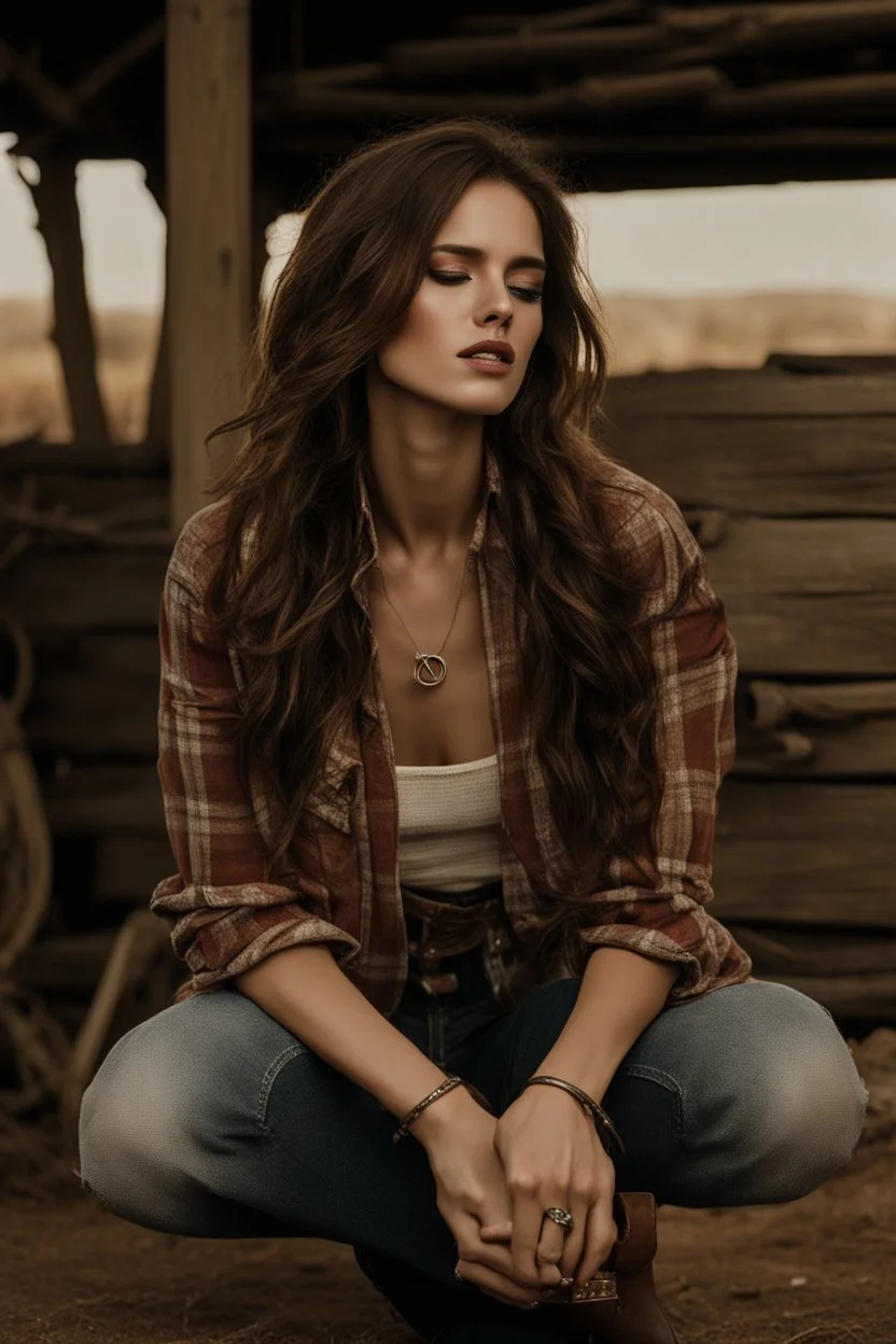 idealized female model country music singer leaning forward while holding microphone in one hand, other hand brought up to side of neck, change clothing to plaid in natural tones, leather bracelets on wrists, long hair, mouth open singing, rings on fingers, eyes closed