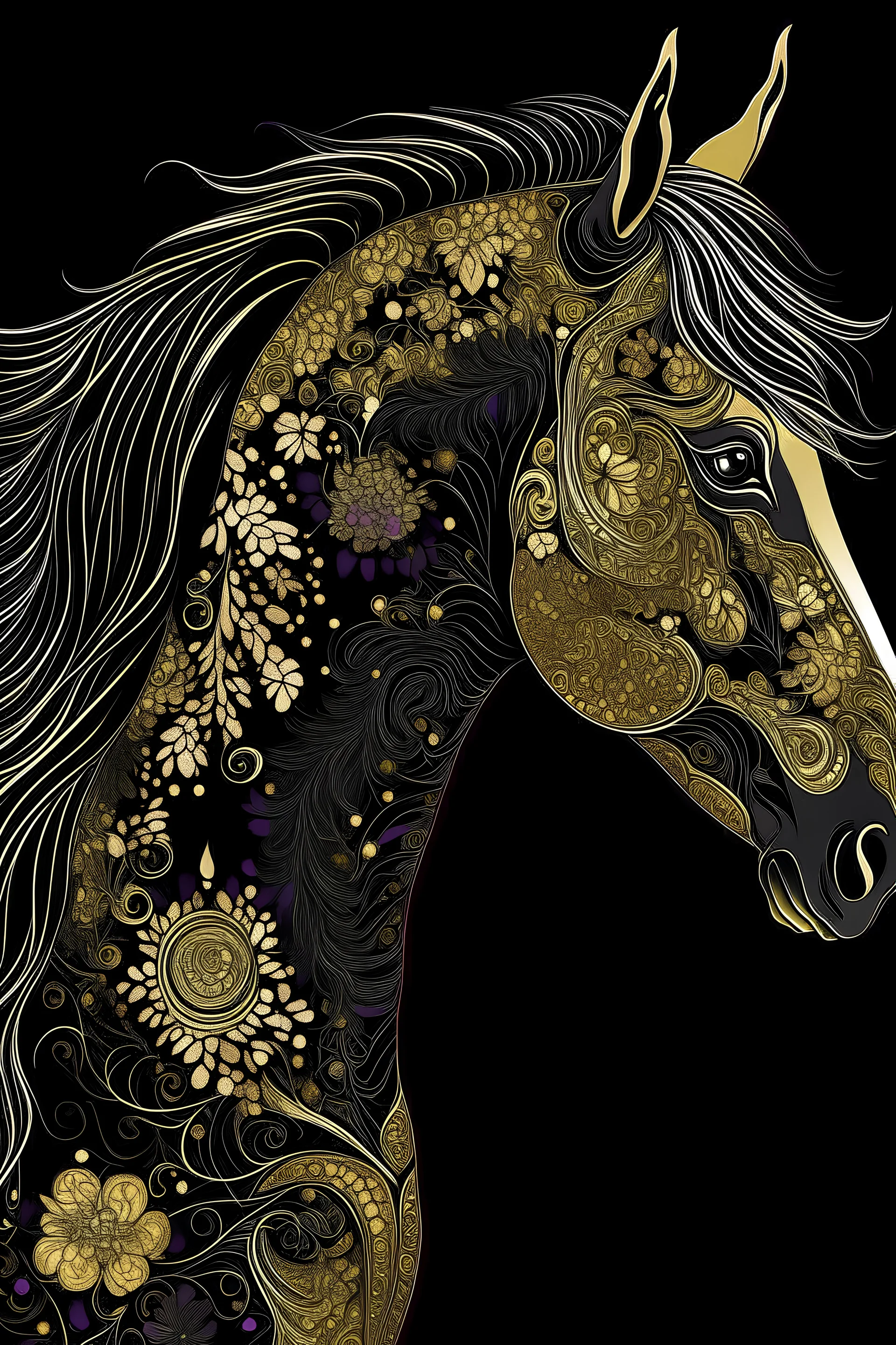 whimsical, horse, intricate detail,, illustration, gold, black, purlpe