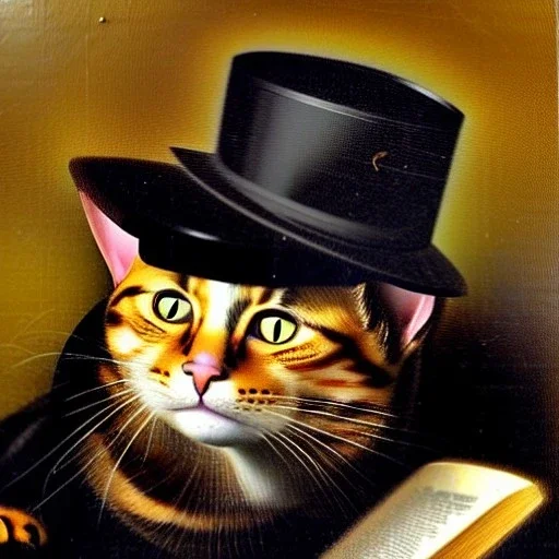 oil portrait of a cat with hat reading a book and smoking a pipe by Diego Velázquez 8k