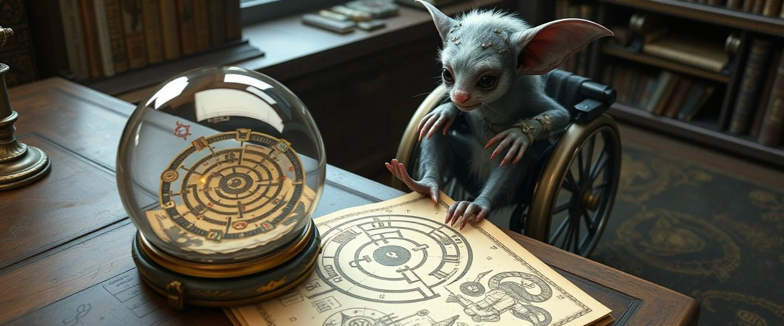 map of labyrinth contained in a glass ball with elemental sigils and symbols on a table beside a book called Rotten Riddles Age with weird illustrations, being read by an fluffy imp gremlin druid librarian in a cyber punk wheel chair in the style of Fallout 4